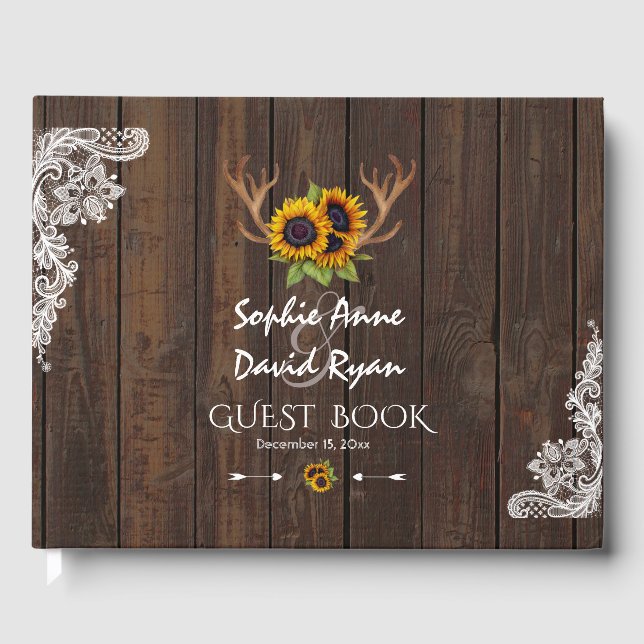 Boho Sunflowers Antlers Wood Lace Wedding Guest Book (Front)