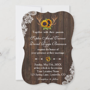 Boho Sunflowers Antlers Wood Lace Wedding Invitation
