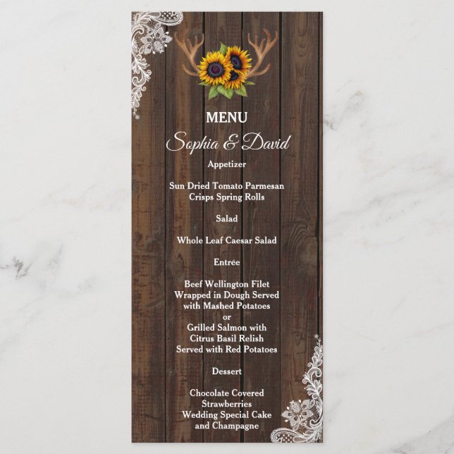 Boho Sunflowers Antlers Wood Lace Wedding Menu (Front)