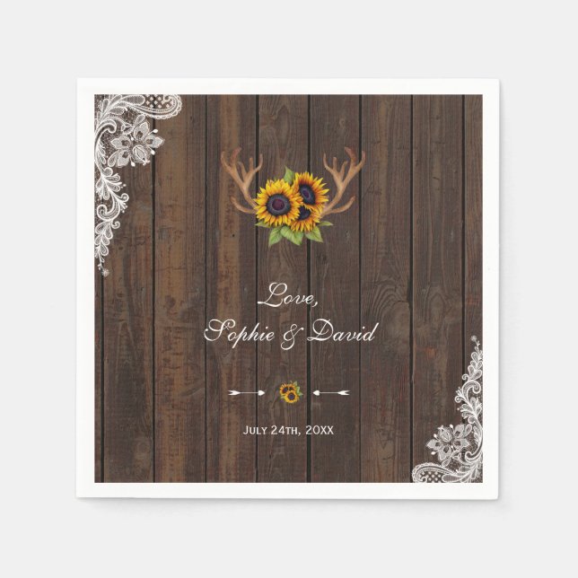 Boho Sunflowers Antlers Wood Lace Wedding Napkin (Front)