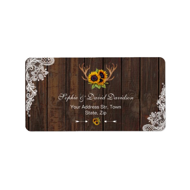 Boho Sunflowers Antlers Wood Lace Wedding Program Label (Front)