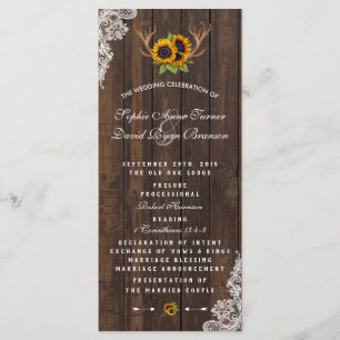 Boho Sunflowers Antlers Wood Lace Wedding Program Programme