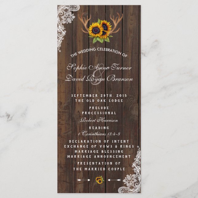 Boho Sunflowers Antlers Wood Lace Wedding Program Programme (Front)