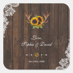 Boho Sunflowers Antlers Wood Lace Wedding Square Sticker