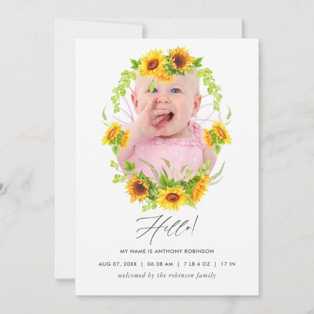 Boho Sunflowers Birth Announcement Photo Card (Front)