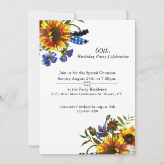 Boho Sunflowers, Feathers, Customisable, Birthday Invitation