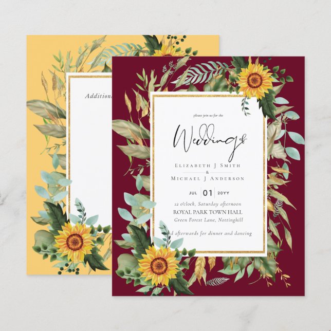 Boho Sunflowers Greenery Watercolor Wedding BUDGET (Front/Back)