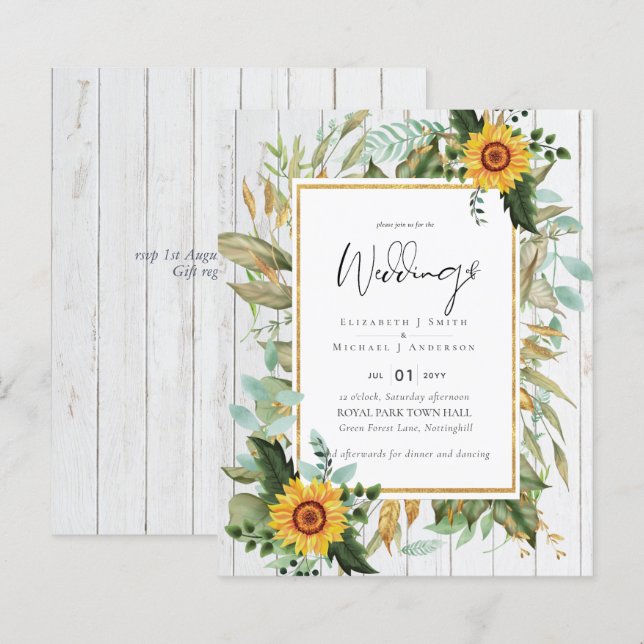 Boho Sunflowers Greenery Watercolor Wedding BUDGET (Front/Back)