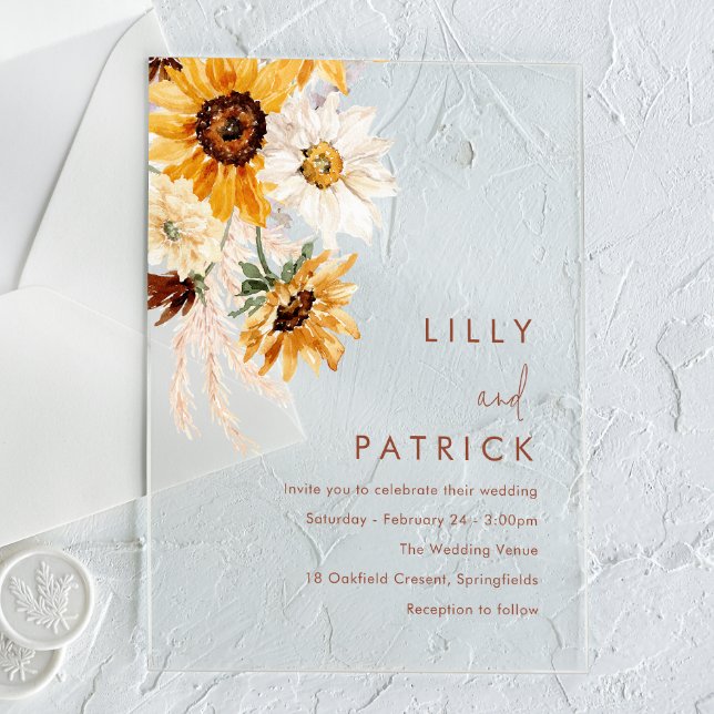 Boho Sunflowers Modern Wedding Acrylic Invitations (Creator Uploaded)