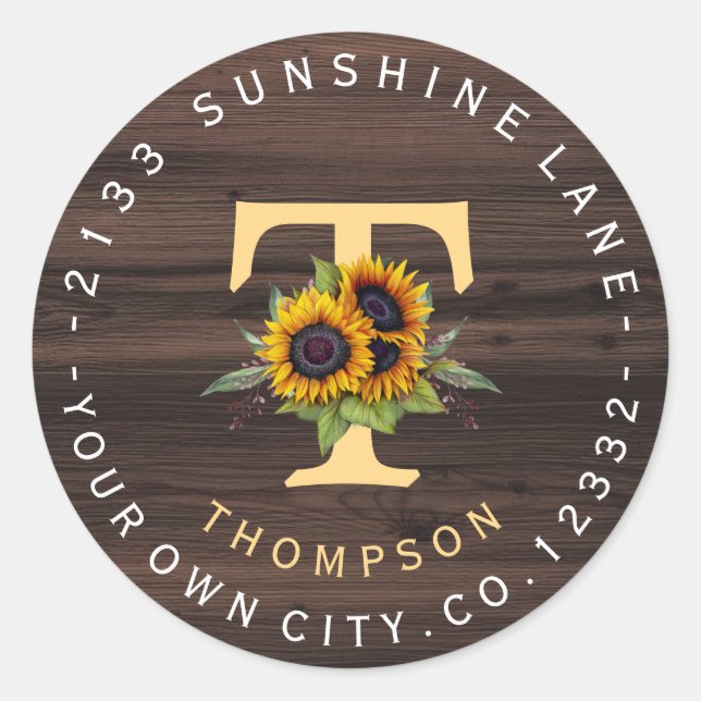 Boho Sunflowers Monogram Circular Address Label (Front)