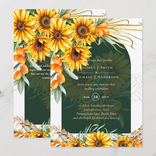 BOHO Sunflowers Pampas Grass Emerald Green Wedding Invitation (Front/Back)