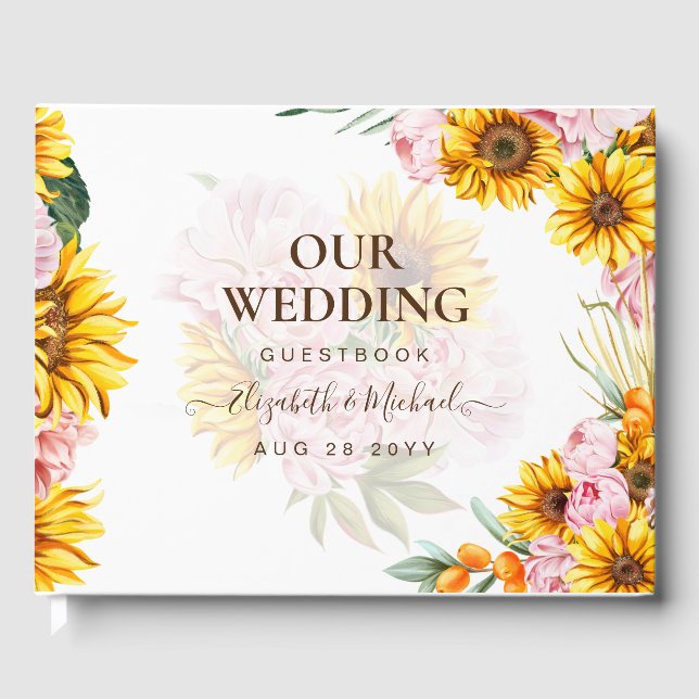 BOHO Sunflowers Pampas Grass Wedding Guest Book (Front)