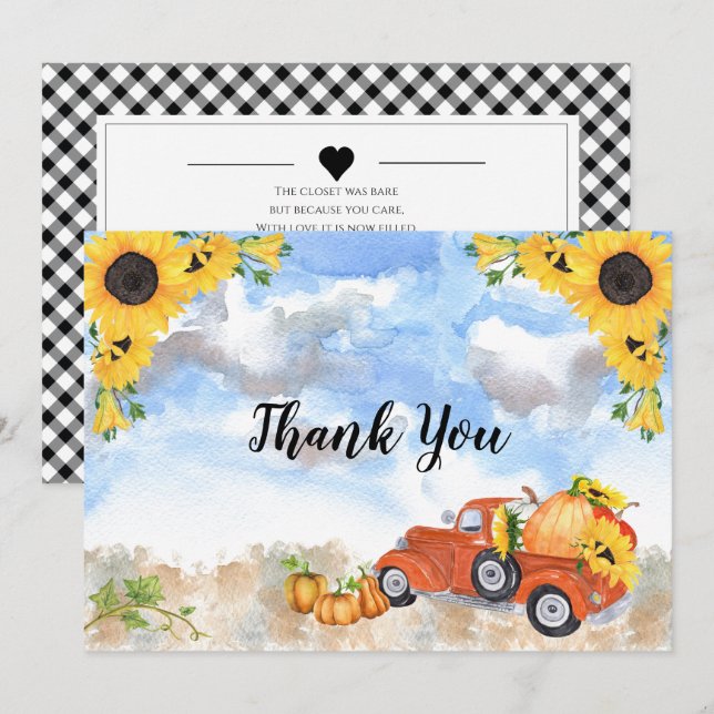 Boho Sunflowers | Pumpkins Girl Baby Shower Thank You Card (Front/Back)