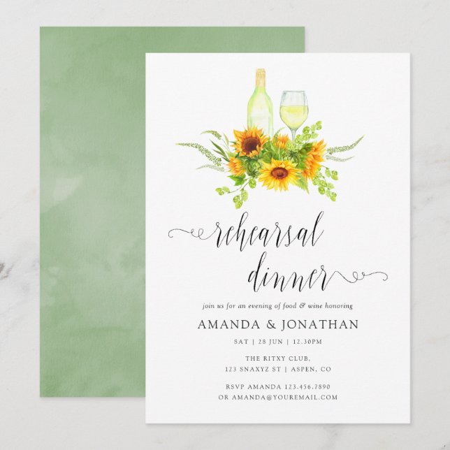 Boho Sunflowers Rehearsal Dinner Wine Tasting Invitation (Front/Back)