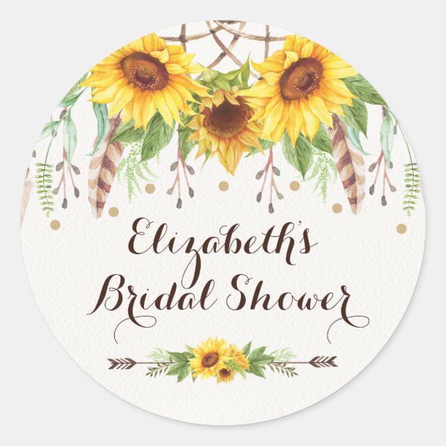 Boho Sunflowers Rustic Bridal Shower Party Favours Classic Round Sticker (Front)
