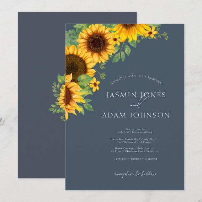 Boho Sunflowers Slate Blue Wedding Invitation (Front/Back)