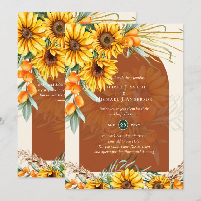Boho Sunflowers Terracotta Pampas Grass Wedding Invitation (Front/Back)