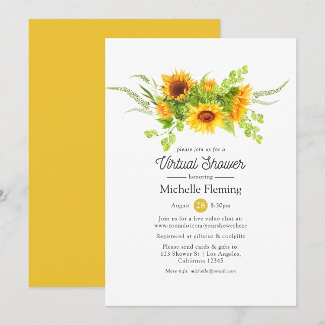 Boho Sunflowers Virtual Bridal or Baby Shower Invitation (Front/Back)