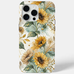 Boho Sunflowers Watercolor Gold iPhone 15 Pro Max Case