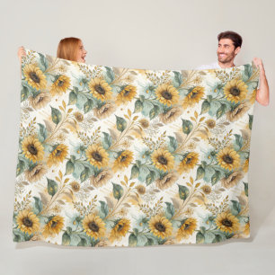 Boho Sunflowers Watercolor Gold Fleece Blanket
