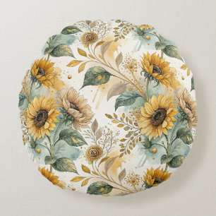 Boho Sunflowers Watercolor Gold Round Cushion