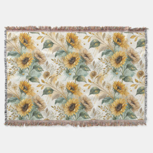 Boho Sunflowers Watercolor Gold Throw Blanket