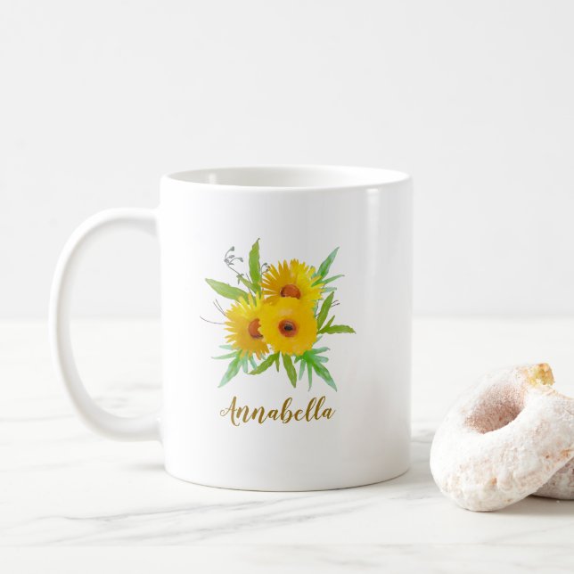 Boho Sunflowers with Name Gift  Coffee Mug (With Donut)