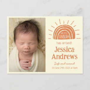 Boho sunny birth announcement card with photo