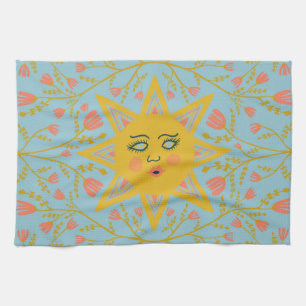 Boho Suns & Flowering Vines Pink Yellow Blue Tea Towel