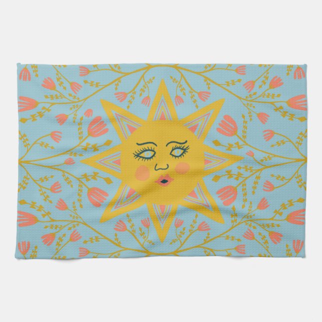 Boho Suns & Flowering Vines Pink Yellow Blue Tea Towel (Horizontal)