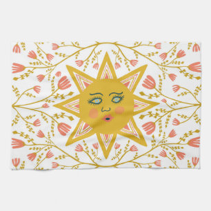 Boho Suns & Flowering Vines Pink Yellow Tea Towel