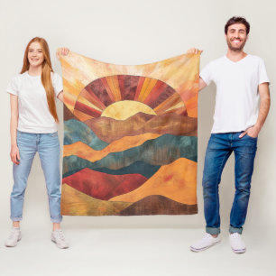 Boho Sunset Over Mountains -Retro Earthy Landscape Fleece Blanket