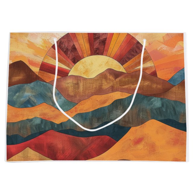 Boho Sunset Over Mountains -Retro Earthy Landscape Large Gift Bag (Front)