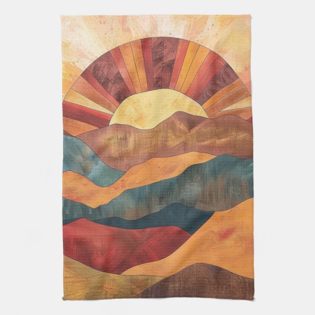 Boho Sunset Over Mountains -Retro Earthy Landscape Tea Towel (Vertical)