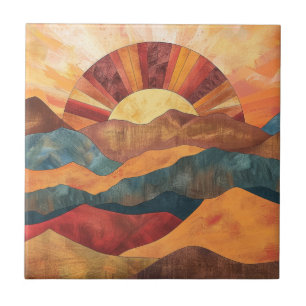 Boho Sunset Over Mountains -Retro Earthy Landscape Tile