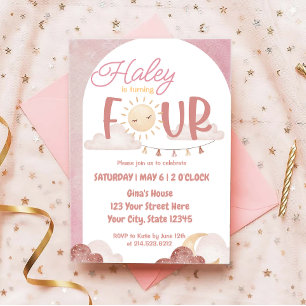 Boho Sunshine 4th Birthday Party Watercolor Invitation