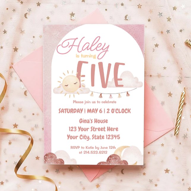 Boho Sunshine 5th Birthday Party Watercolor Invitation (Creator Uploaded)