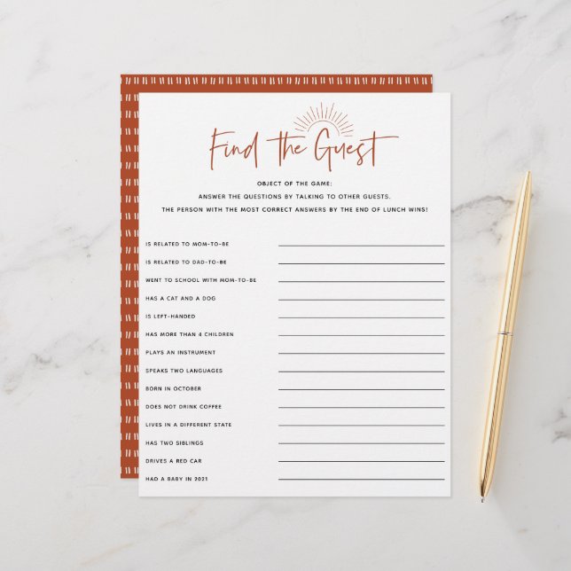 Boho Sunshine Baby Shower Guest Game (Front/Back In Situ)