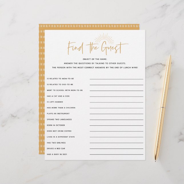 Boho Sunshine Baby Shower Guest Game (Front/Back In Situ)