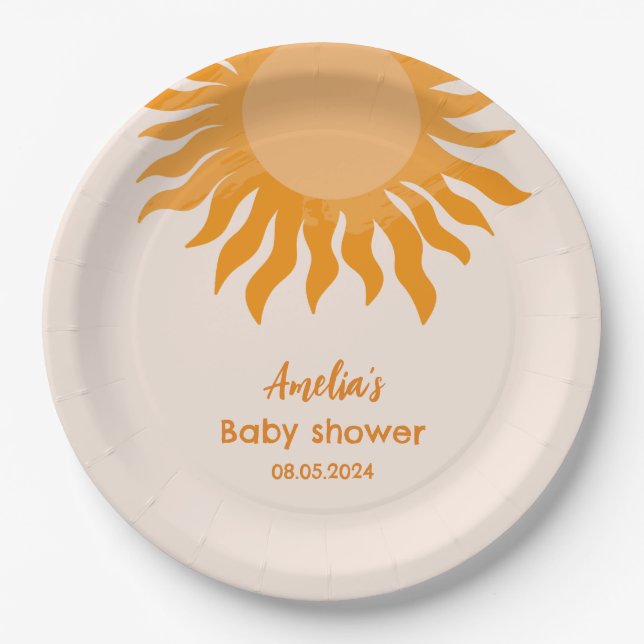 Boho Sunshine Baby Shower Yellow Sun Paper Plate (Front)