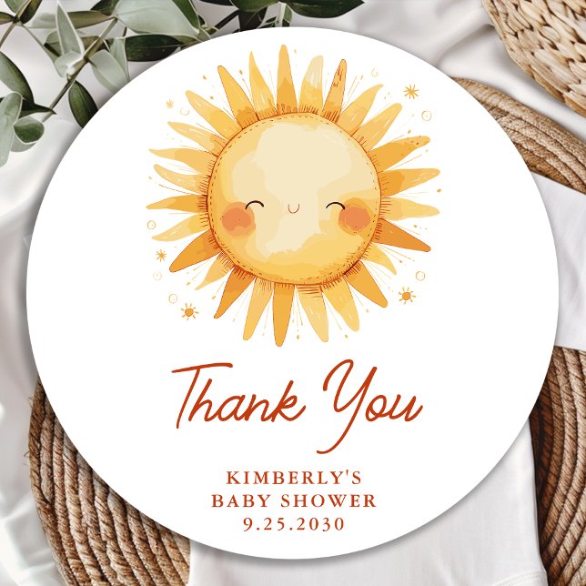 Boho Sunshine Cute Sun Baby Shower Thank You Classic Round Sticker (Creator Uploaded)