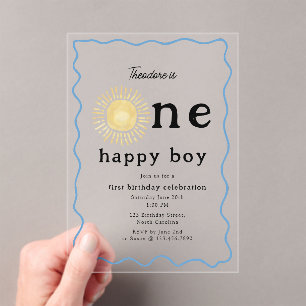 Boho Sunshine First Birthday One Happy Boy Retro Acrylic Invitations