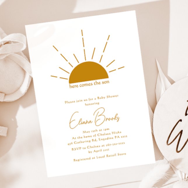 Boho Sunshine Here Comes The Son Baby Shower Invitation (Creator Uploaded)