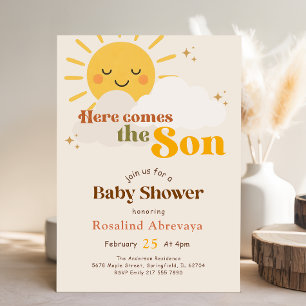 Boho Sunshine Here Comes the Son Retro Baby Shower Invitation