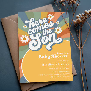 Boho Sunshine Here Comes the Son Retro Baby Shower Invitation