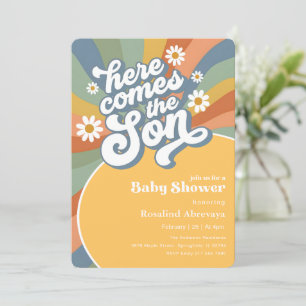 Boho Sunshine Here Comes the Son Retro Baby Shower Invitation