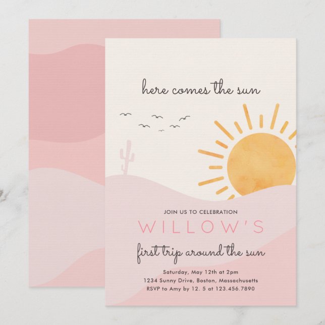 Boho Sunshine Here Comes The Sun Birthday Party Invitation (Front/Back)