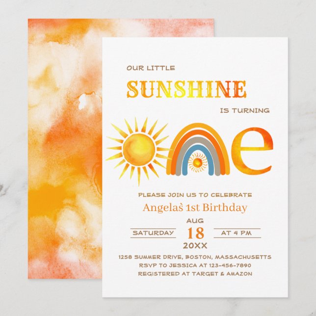 Boho Sunshine one celebration watercolor Invitation (Front/Back)