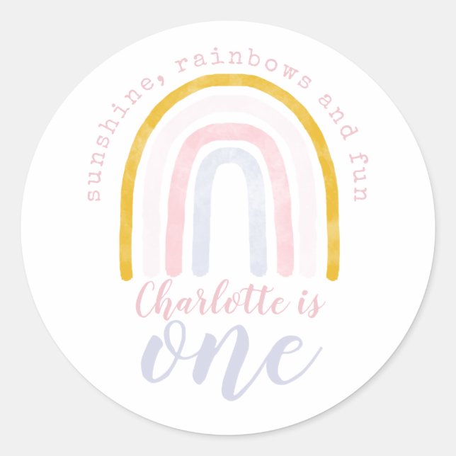 Boho Sunshine, Rainbows and Fun First Birthday Classic Round Sticker (Front)