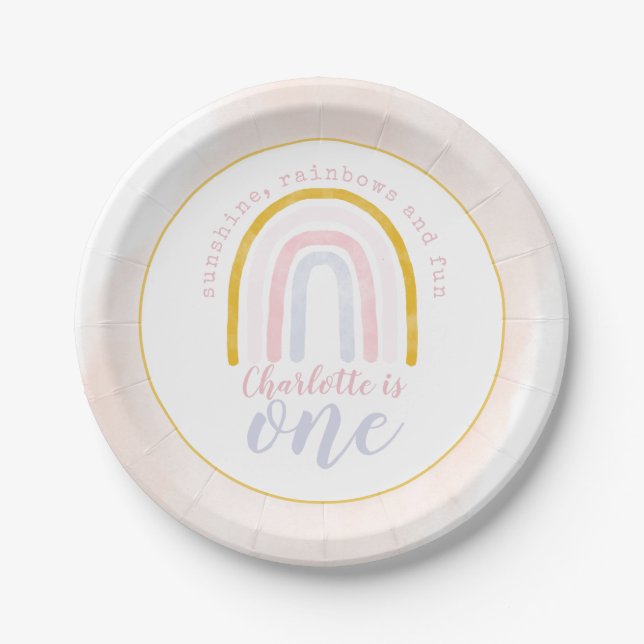 Boho Sunshine, Rainbows and Fun First Birthday Paper Plate (Front)